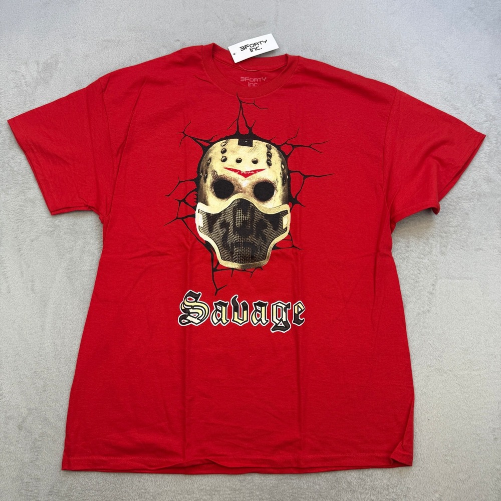3Forty Inc T Shirt Mens XL Red Savage Hockey Mask Graphic Streetwear Goth Edgy